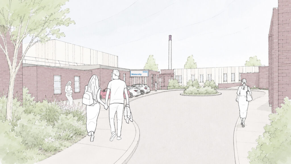 The indicative concept sketch shows the plaza that will be created by linking the maternity building to the main hospital.